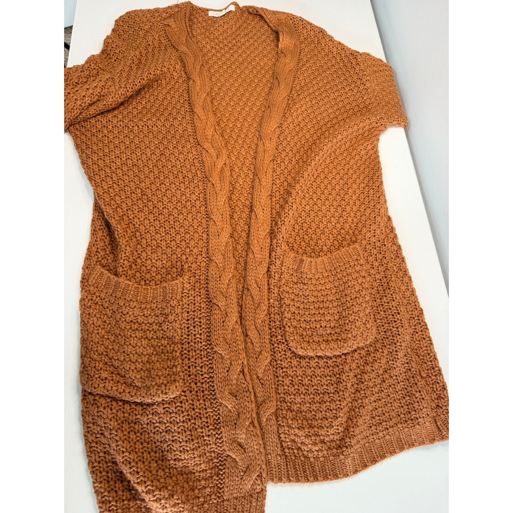 Reborn J Womens Rust Orange Cable Knit Open Front Cardigan Sweater Small - Picture 10 of 12